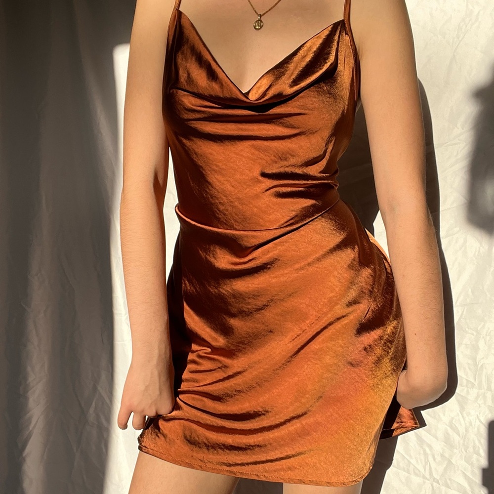 Motel Satin Mini Dress - Burnt Orange - Size M (Fits S)